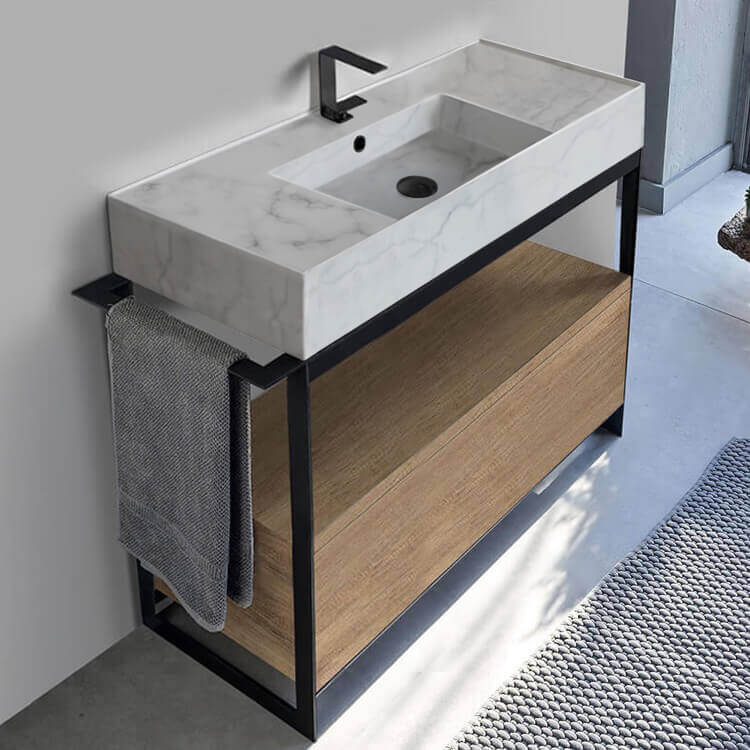 Scarabeo 5124-F-SOL1-89-One Hole Console Sink Vanity With Marble Design Ceramic Sink and Natural Brown Oak Drawer